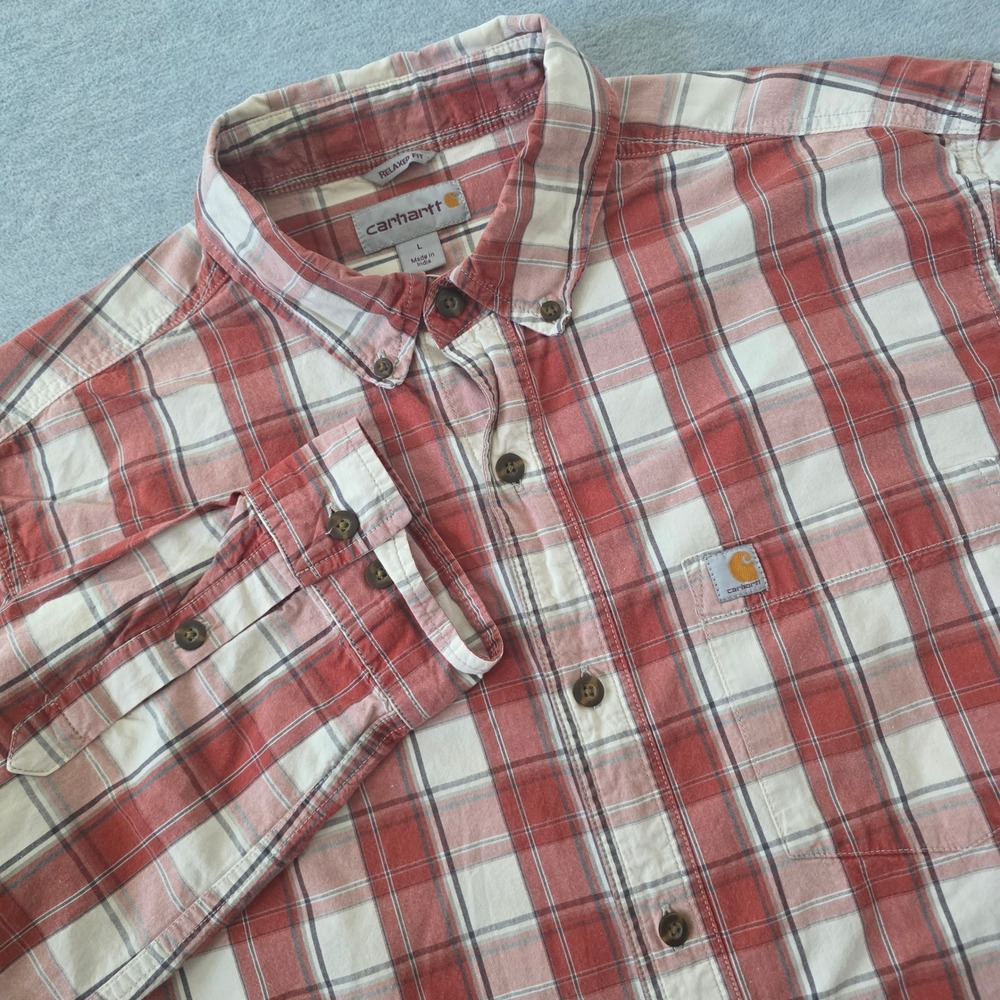 Carhartt Men Relaxed Fit Plaid Button Down Shirt Red White Size Large